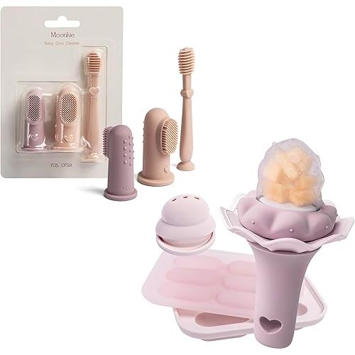 Moonkie Baby Oral Care & Feeding Bundle | Silicone Finger Toothbrush & Tongue Cleaner Kit (3 Pcs) + Baby Fruit Feeder with Freezer Tray (2 Pack) | BPA-Free, Safe for Infants 3+ Months | Ideal for Teet