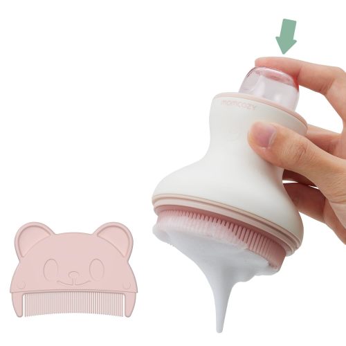 Momcozy Innovative Cradle Cap Brush with Pump, 2-in-1 Baby Cradle Cap Brush with Bubbler, Newborn Cradle Cap System, Shampoo Brush Baby Bath Essential Foamer Brush, Baby Hair Brush