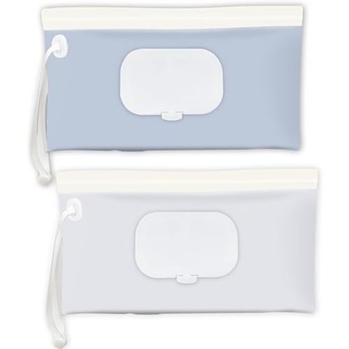Baby Wipes Holder 2 Pack, Wipes Container & Wet Wipes Dispenser, Travel Wipes Case Reusable Wipes Pouch, Portable Wipe Holder for Diaper Bag, Blue & Beige