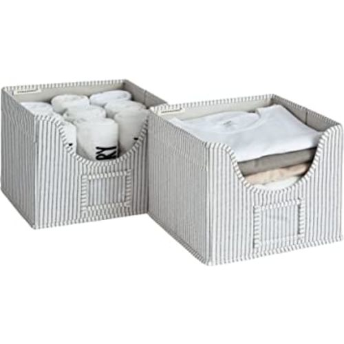 StorageWorks Closet Storage Bins,Storage Baskets with Cutout Window and 2 Handles, Foldable Fabric Clothes Organizer, Gray and White Stripes, 2-Pack