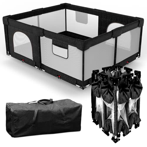PATYWAGA Foldable Baby Playpen with Gate, Extra Large Collapsible Play Yard for Babies & Toddlers, Portable Travel Play Pen with Fence, Safe Activity Center for Indoor & Outdoor Use (59"×71" Black)