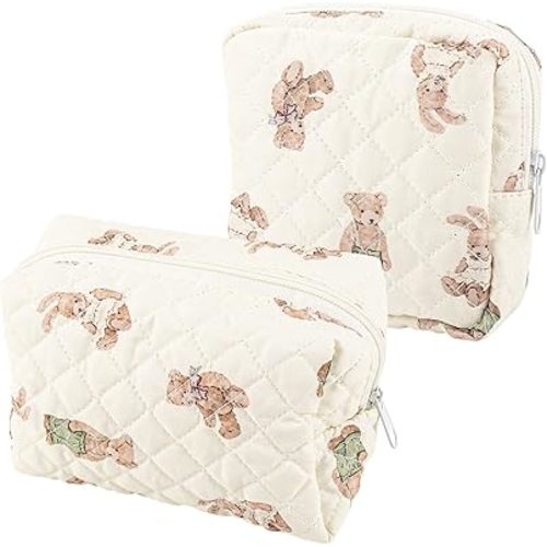 Framendino, 2 Pack Quilted Cotton Makeup Bag Bear Small Zipper Cosmetic Pouches Cute Travel Purse for Women, Beige, 2 Pack