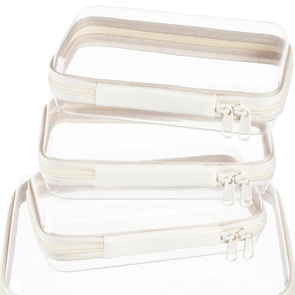 4 pcs Clear Zipper Pouches,Hard Shell Zipper Case, Toiletry Bag for Travel, CLear Diaper Bag, Toiletry Pouch, Travel Organizer, Cosmetic Bag,Toy Storage Bins (M+3S)(Ivory)
