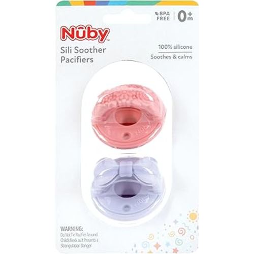 Nuby 3-D Sili Soother Pacifiers with Soft Handle and Two Safety Air Holes, 2 Pack, 0+ Months, Purple Bow and Pink Flowers