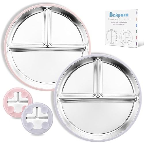 Stainless Steel Baby Plate with Suction, 9” Divided Toddler Plates with Removable Silicone Sleeves for Kids, Non-Toxic Non-Slip Unbreakable Dishwasher Safe Dinnerware Set of 2, Pink & Lilac