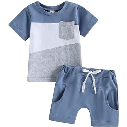fhutpw Baby Toddler Boy Clothes Summer Outfits 6 12 18 24 Months Patchwork Short Sleeve T Shirt & Shorts Sets with Pockets