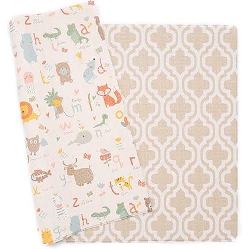 Baby Care Play Mat (Large, Moroccan - Beige) 82'' x 55'' Original One-Piece Reversible Rollable Waterproof Baby Mat, Floor Cushion for Babies 6-12 Months, Infants, Toddlers, and Kids