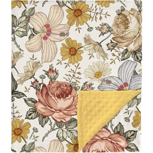 HawSkgFub Retro Boho Peony Floral Mink Baby Blanket Dotted Backing Girls, Yellow Vintage Bohemia Daisy Flower Double Layer Nursery Bed Blankets, Soft Plush Newborn Infant Toddler Crib Bedding 30 x 40