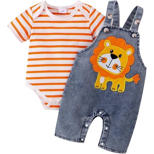 Baby Boy Clothes Newborn Striped Romper Summer Outfits + Infant Cartoon Animals Jeans Suspender Overalls 0-18 Months