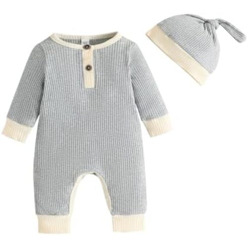 Newborn Baby Boy Girl Romper Toddler Solid Ribbed One-piece Jumpsuit Clothes Hat Infant Coverall Jumper Outfit Set