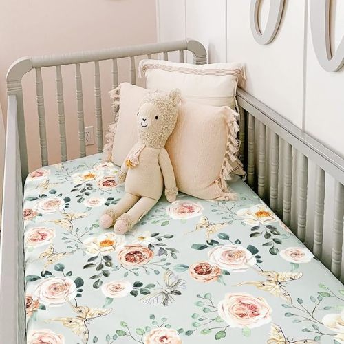 GRSSDER Stretchy Crib Sheets for Baby Girls, Ultra Soft Jersey Knit Fitted Crib Sheets 2 Pack, Universal Fits Most Toddler Crib Mattress Pads Safe and Snug, Stylish Flora Print - Aqua Green