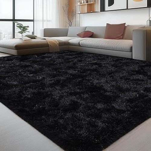 8x10 Rug for Living Room, Fluffy Black Plush Large Area Rugs, Fuzzy Big Shaggy Carpet for Bedroom, Non Slip Furry Shag Carpets for Kids Room Nursery Dorm Home Decor Aesthetic