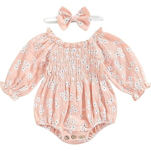 2pcs Infant Baby Girls Romper Dress Headband Long Sleeve Clothing Flowers Newborn Boho Girl Outfit Jumpsuit Clothes