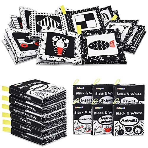 Dr.Rapeti Soft Cloth Books Baby Books Bath Books 6-Pack for Baby Infant Toddler Kids High Contrast Black and White Crinkle Washable Chewable Non-Toxic Early Educational Giftable