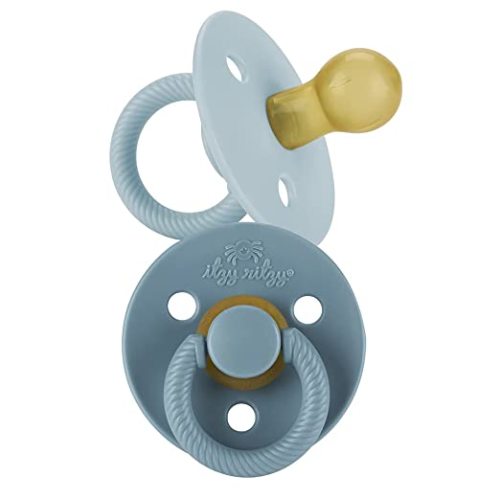 Itzy Ritzy Natural Rubber Newborn Pacifiers (Set of 2) – Baby Pacifiers with Cherry-Shaped Nipple & Large Air Holes for Added Safety; Set of 2 Binkies in Harbor & Coast (Ages 0 – 6 Months)