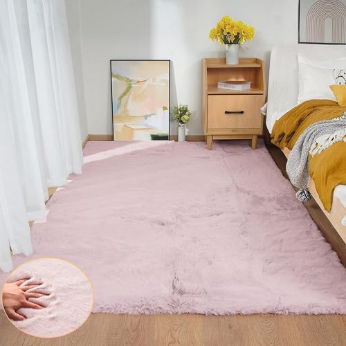 Pink Washable Fluffy Rug 5x7 Area Rugs for Bedroom Plush Faux Rabbit Shag Fur Rug for Living Room Nursery