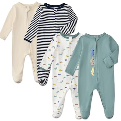 Aablexema Baby Footed Pajamas with Mitten Cuffs Zipper 4-Pack Infant Newborn Cotton Long Sleeve Outfit