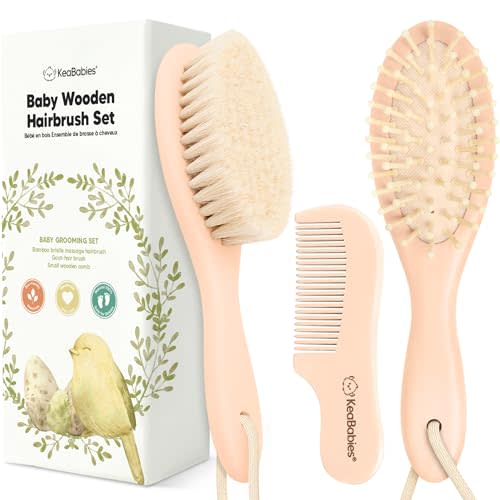 Baby Hair Brush and Comb Set for Newborn - Wooden Baby Hair Brush Set with Soft Goat Bristle, Baby Brush Set for Newborns, Baby Brush and Comb Set Girl, Boy, Toddler Cradle Cap Brush (Oval, Peach)