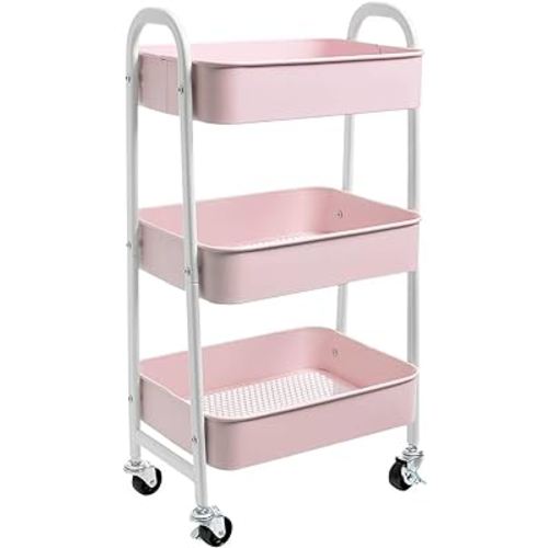 AGTEK Makeup Cart, Movable Rolling Organizer Cart, 3 Tier Metal Utility Cart, White - Pink