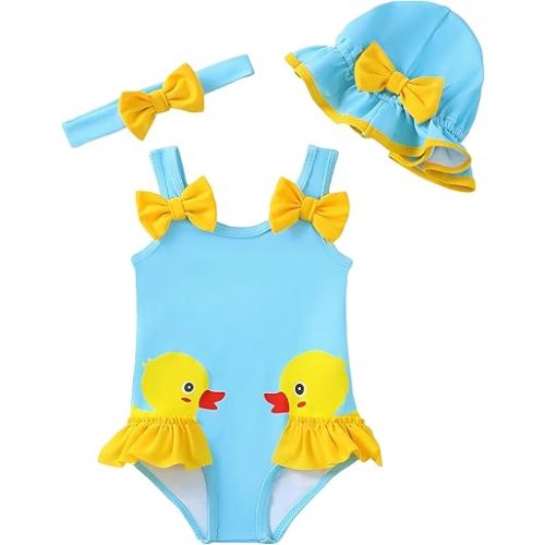 Baby Girl Swimsuit Infant One-Piece Bathing Suit Cute Summer Beach Tankini Bikini Ruffle Bow Toddler Swimwear with Hat