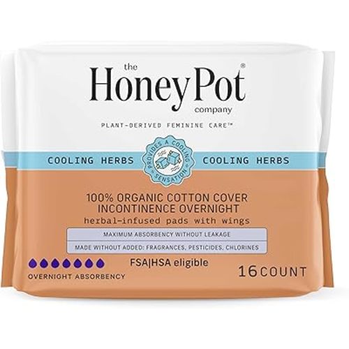 The Honey Pot Company - Herbal Pads for Women - Organic Incontinence Overnight w/Wings - Infused w/Essential Oils for Cooling Effect - Postpartum Essentials - Feminine Care - 16 ct