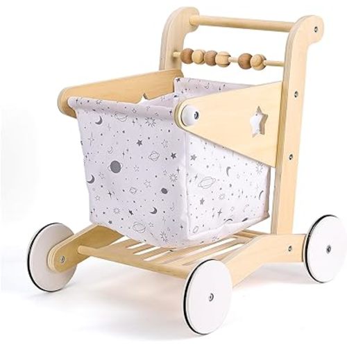 Wooden Baby Walker Doll Stroller | Adjustable Speed Shopping Cart for Toddlers 1-3 | Baby Push Walker - Pretend Play Grocery Cart | Natural Wood Stroller Push Toys for Babies Learning to Walk