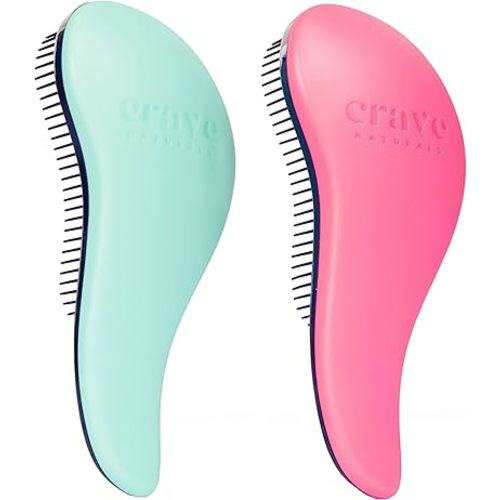 Crave Naturals Glide Thru Detangling Brush - Pack of 2 Detangler Brush for Curly, Straight, Wet and Dry Hair for Adults and Kids - Hair Comb Accessories for Women - Turquoise and Pink