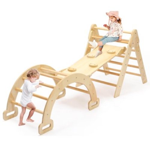 Pikler Triangle Set, 5 in 1 Wooden Montessori Climbing Toys Baby Indoor Playground Gym, Foldable Indoor Climbing Toys with Ramp, Arch Climber, Baby Climbing Toys for Toddlers 1-3 Inside-Small