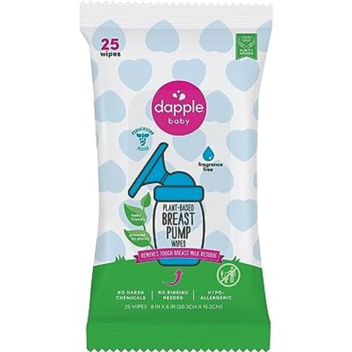 Breast Pump Wipes by Dapple Baby, 25 Count, Fragrance Free, Plant Based & Hypoallergenic Wipes - Removes Milk Residue, Leaves No Taste - Convenient Wipes Pouch