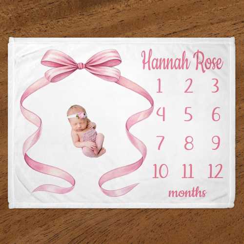 Pink Bow Milestone Blanket, Personalized Ribbon Baby Girl Monthly Blanket, Pink Ribbon Bow Blanket, Baby Shower Gift B1747
