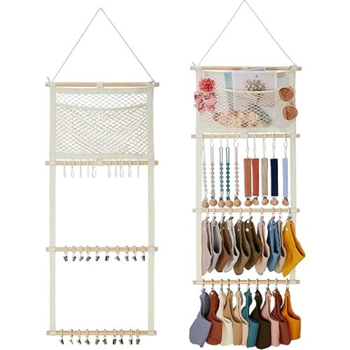 Pacifier Clip Holder Baby Bibs Organizer, Infant Bandana Drool Bibs Holder - Baby Burp Cloths Storage Hanging Organizer for Nursery Newborn Infant Room(Beige)