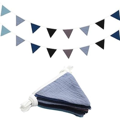 Oudain 15.5 ft Pennant Banner Flags, 2 Pcs Nursery Garland Triangle Bunting Flag Baby Banner for Nursery Decor Baby Birthday Boho Wedding Shower Party Event, Each 7.75 ft(Blue Color)