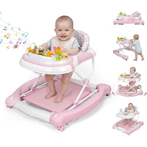 5 in 1 Baby Walker, Music and Lights Foldable Baby Walker with Wheels, 3 Adjustable Heights, with Bouncer Combo, Rocker, Activity Walker for Baby Boy and Girl 6-18 Months (Pink)