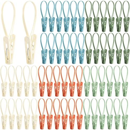Honeydak 60 Pack Multi-Purpose Laundry Hooks Hanging Clips Bulk with Plastic Rope Hanger Clips for Baby Clothes Closet Organizer for Pants Hat Sock Boot Bra Towel Bathroom Wardrobe (Classic Colors)