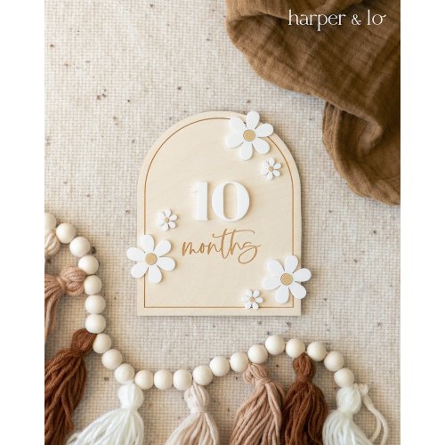 Wooden Daisy Flower Arched Milestone Cards | Custom Name Set | Monthly Milestone Markers | Boho Interchangeable Milestone Card, Photo Prop