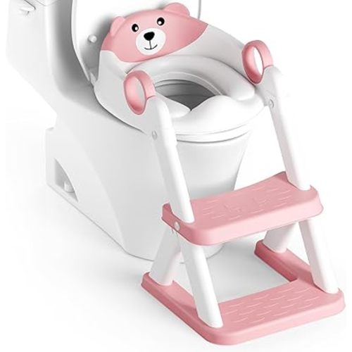 Potty Training Seat, Upgrade Toddler Toilet Seat for Kids Boys Girls, 2 in 1 Potty Training Toilet for Kids, Splash Guard Anti-Slip Pad Step Stool(Pink)