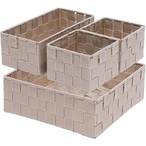 Storage Bins Woven Organizer Set of 4 – Polypropylene Storage Baskets with Metal Frame, Stackable Fabric Boxes for Drawers, Closet, Shelf, Nursery and Office, Beige