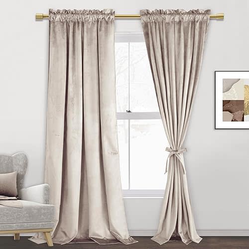 JIUZHEN Beige Velvet Curtains 96 inches for Living Room - Soft Retro Blackout Velvet Drapes Rod Pocket Room Darkening Thermal Insulated for Bedroom/Gallery, 42W x 96L, 2 Panels with Tiebacks