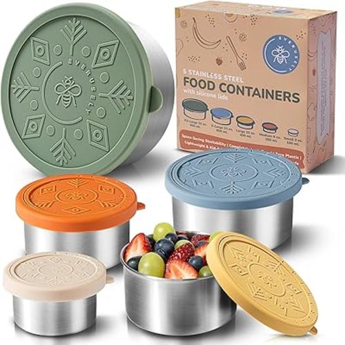 Everusely - Stainless Steel Containers with Lids - Set of 5, Muted Collection - Leakproof Stainless Steel Food Containers - Nesting Snack Holders - Metal Lunch Box - Portable & Reusable Meal Kit