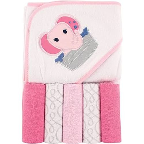 Luvable Friends Unisex Baby Hooded Towel with Five Washcloths, Pink Elephant, One Size