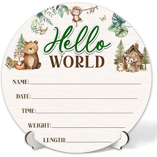 3D Woodland Hello World Newborn Sign for Hospital, Forest Baby Announcement Sign for New Baby Boy Girl, Welcome Babies Birth Wooden Signs for Nursery, Newborn Photography Props-A05