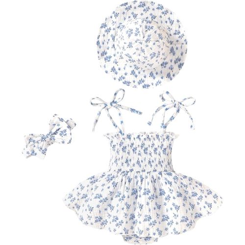 Happy Town Baby Girl Clothes Toddler Summer Sleeveless Romper Dress with Headband and Hat Cute Infant Jumpsuit Outfits