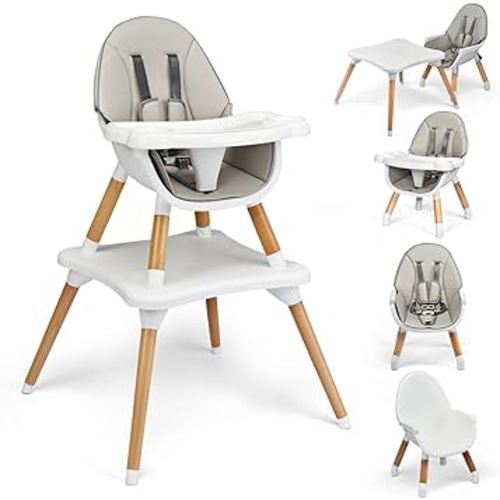 HONEY JOY Baby High Chair, 5-in-1 Convertible Wooden Highchair for Babies and Toddlers/Table and Chair Set/Toddler Chair with Safety Harness, 4-Position Removable Feeding Tray (Gray)