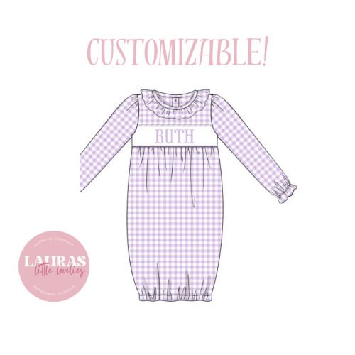 Purple Gingham Name Smock Gown