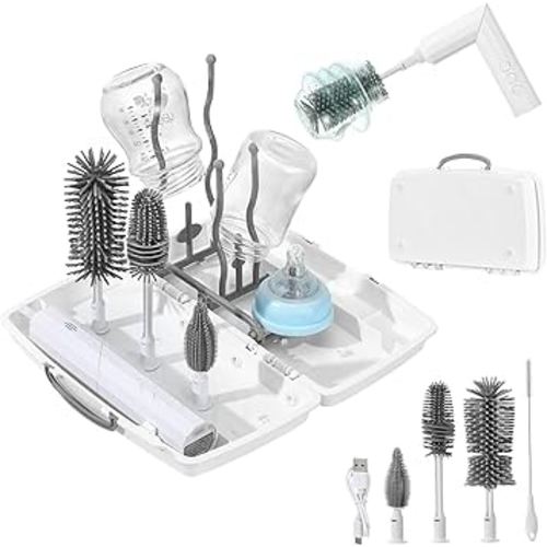 Zooawa Electric Baby Bottle Brush Cleaner,7in1 Travel kit with Rechargeable 90°Folding Elctric Bottle Cleaner & Drainage Box,Food-Grade Silicone,Long Battery Life,Nipple Brush,Straw Brush