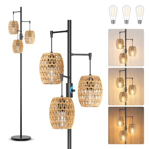 lumenfox Boho Rattan Floor Lamp - Dimmable Floor Lamp 70 Inch with Shades, Coastal Floor Lamp 3 Light Bohemian Floor Lamps Standing Lamps for Living Room Bedroom Office