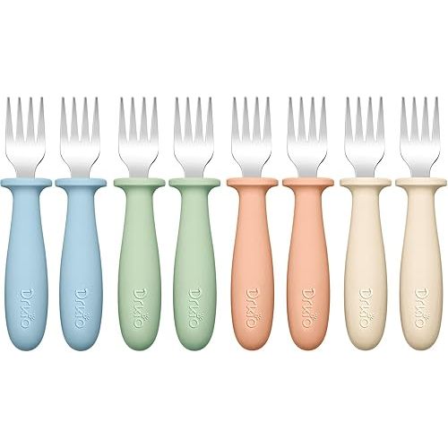 DRKIO 8 Pieces Toddler Forks Set - Baby Forks with Silicone Handle Children safe 18/8 Stainless Steel Toddler Utensils Set for Self Feeding Kids Silverware Anti-Choke Design Food Grade Dishwasher Safe