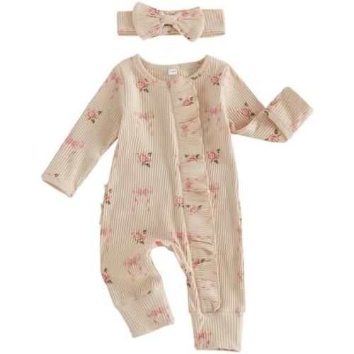 Socutebabe Newborn Baby Girl Fall Winter Clothes Coming Home Outfit Ruffle Romper Cute Ribbed Knit Jumpsuit Headband