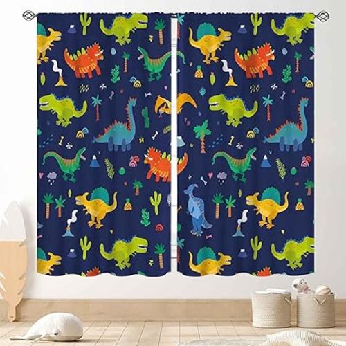 Dino Curtains for Boys Room, Kids Boys Cartoon Dinosaur Funny Colorful Safari Animals Blackout Window Drapery Treatments for Baby Kids Room Bedroom Living Room Nursery Fabric 2 Panels, 42"x45" Inch