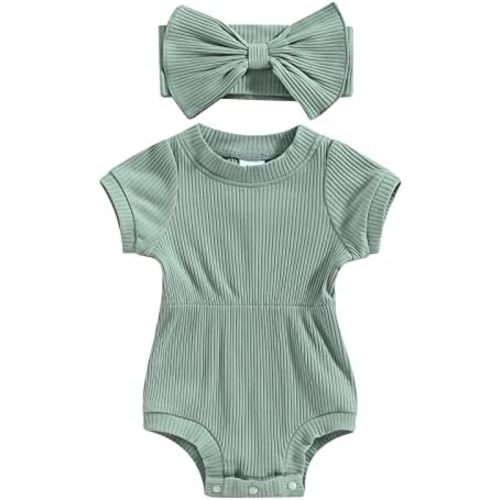 FOMOYUU Newborn Baby Girl Clothes Summer Short Sleeve Jumpsuit Romper with Bow Headband Knit Ribbed Outfits